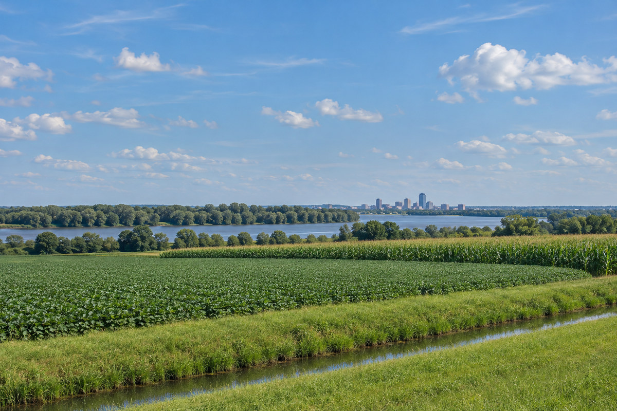 Flat northwest Ohio farm fields with a drainage ditch and the Toledo skyline on the Maumee River